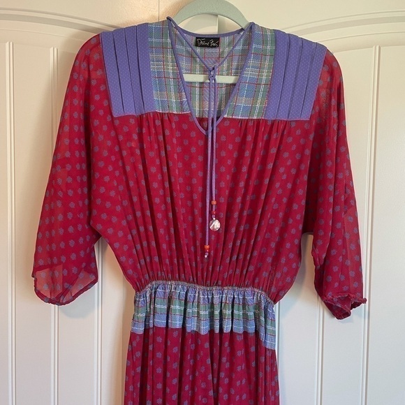 Vintage Diane Freis clover print cottagecore plaid midi dress medium - Picture 2 of 11